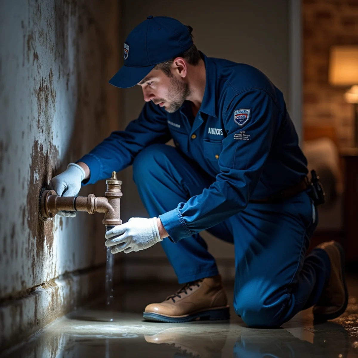 Emergency plumber shutting off a main water valve in a flooded Bloomfield Hills basement