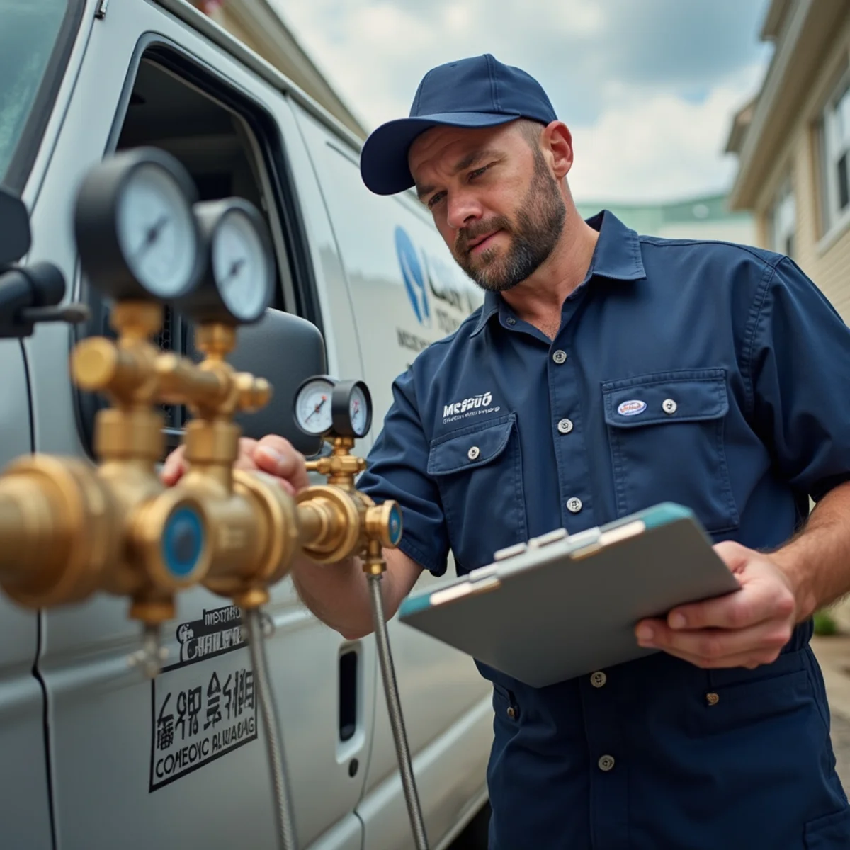 Certified plumber testing a backflow prevention device at a commercial property in Oakland County