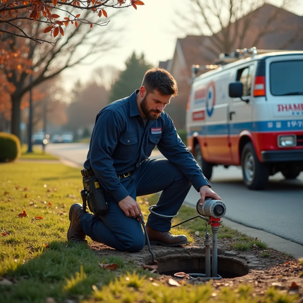 Plumber inspecting a root-intruded sewer line on a wooded Bingham Farms, MI lot