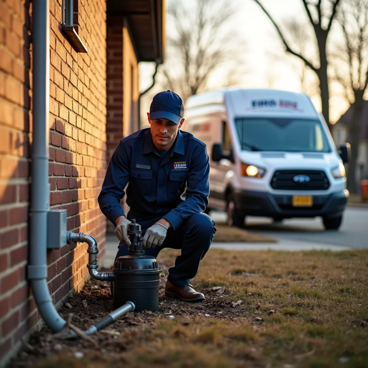 Plumber servicing a ranch home on a wooded lot in Bloomfield Township, MI