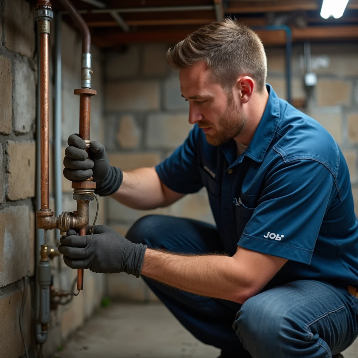 Plumber repairing a burst copper water pipe in a Bloomfield Hills basement