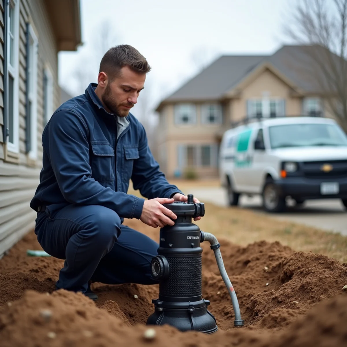 Plumber installing a sump pump in a new-construction Canton, MI subdivision home