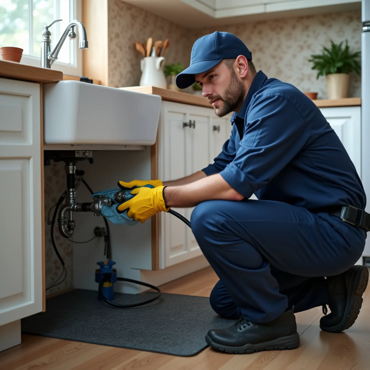 Plumber running a drain-cleaning machine to clear a clogged line in a Bloomfield Hills kitchen