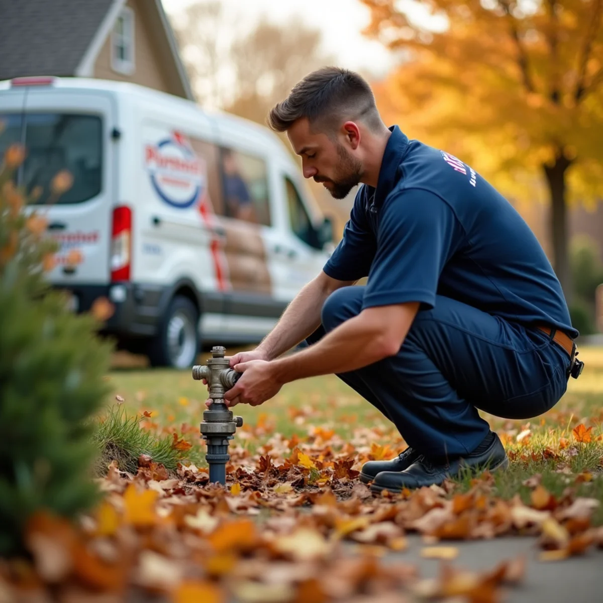 Homeowner draining an outdoor hose bib as part of fall plumbing prep in Michigan