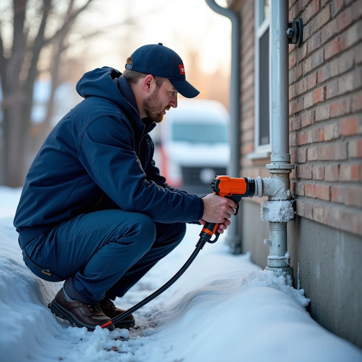 Plumber safely thawing and repairing a frozen pipe along an exterior wall in Bloomfield Hills