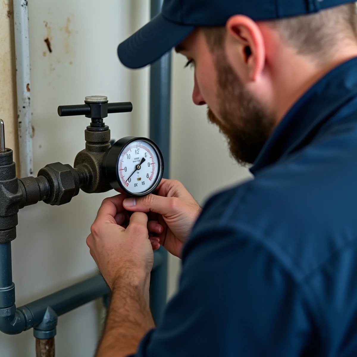 Licensed plumber pressure-testing a newly installed gas line in a Bloomfield Hills home