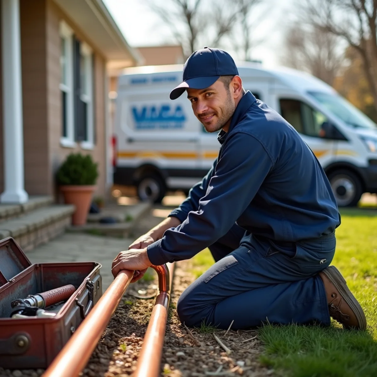 Plumber replacing an old galvanized service line at a modest Hazel Park, MI home