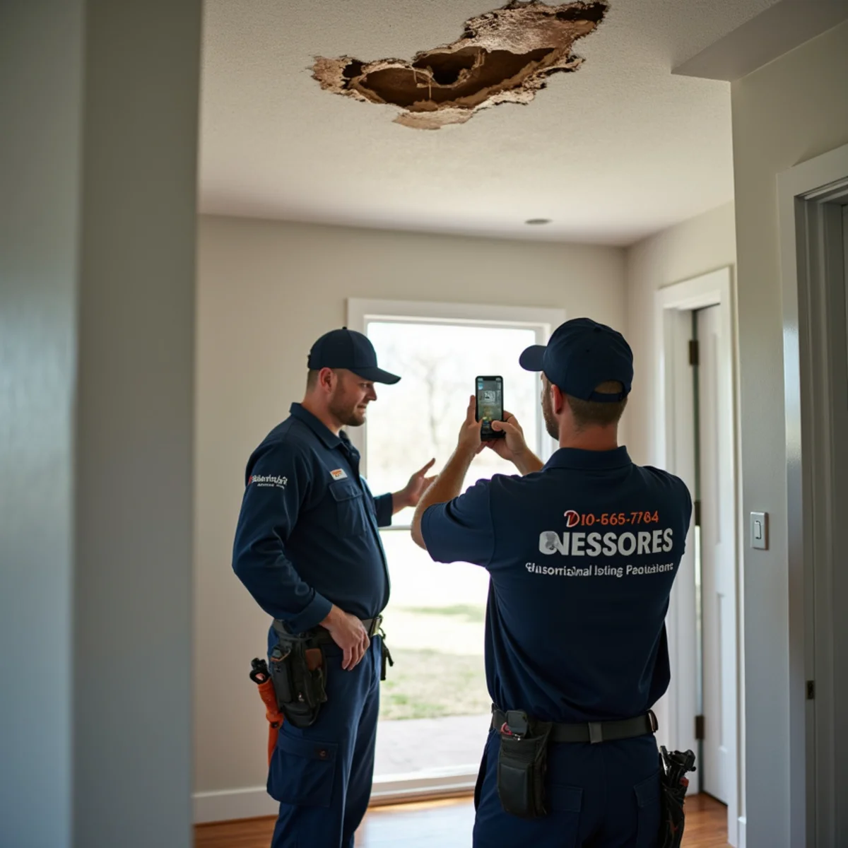 Homeowner photographing burst-pipe water damage to document an insurance claim in Michigan