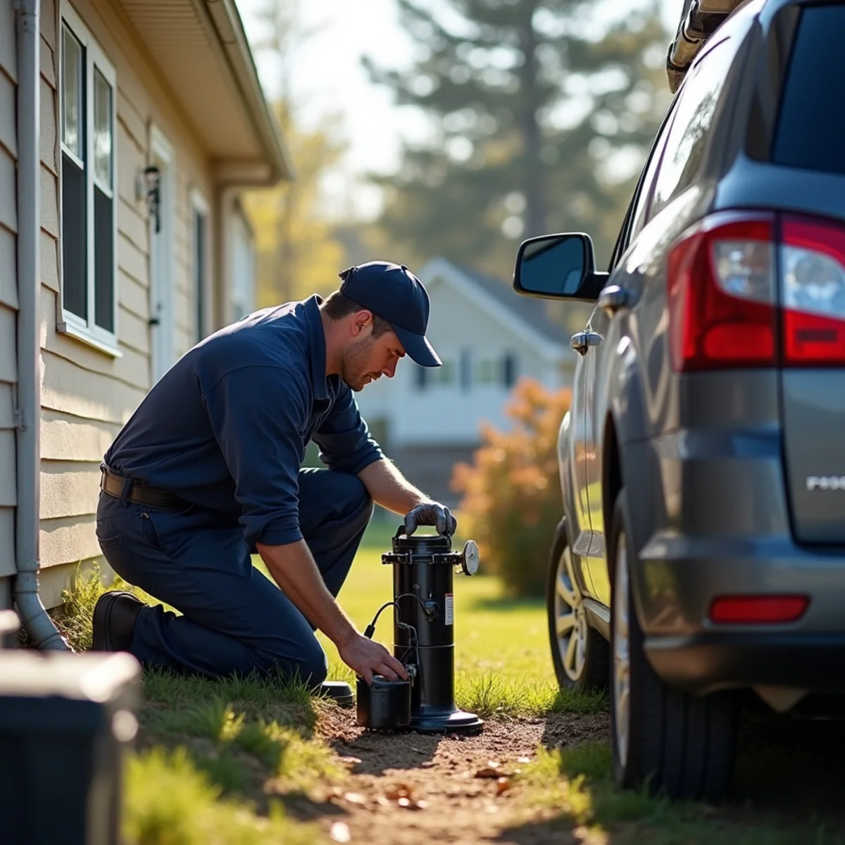 Plumber installing a sump pump in a lakefront cottage in Lake Orion, MI
