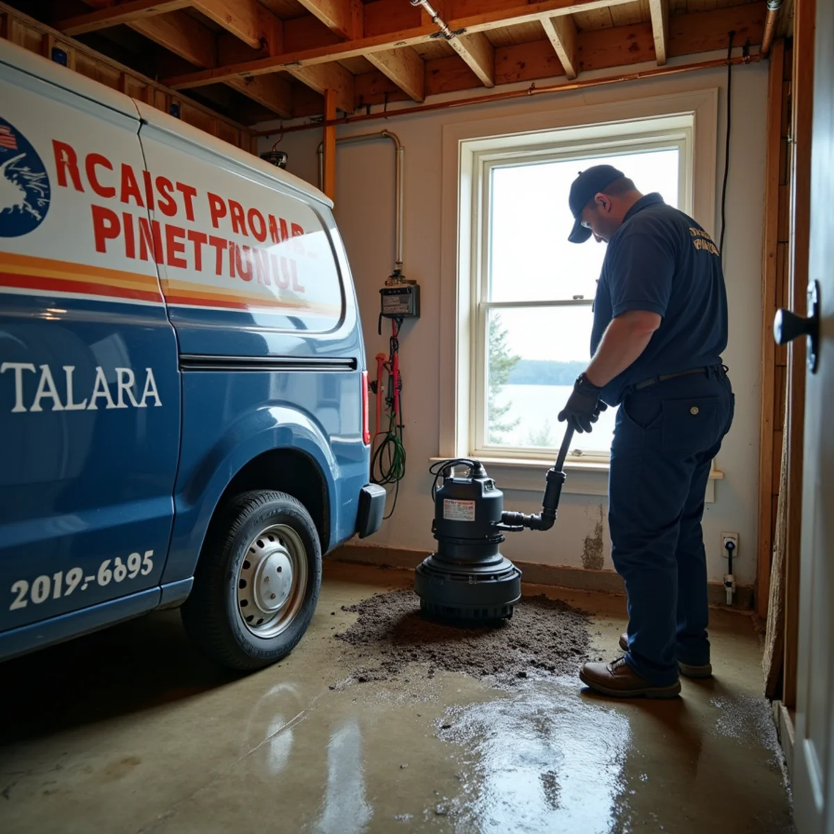 Sump pump with battery backup installed in a lakefront home basement in West Bloomfield, MI