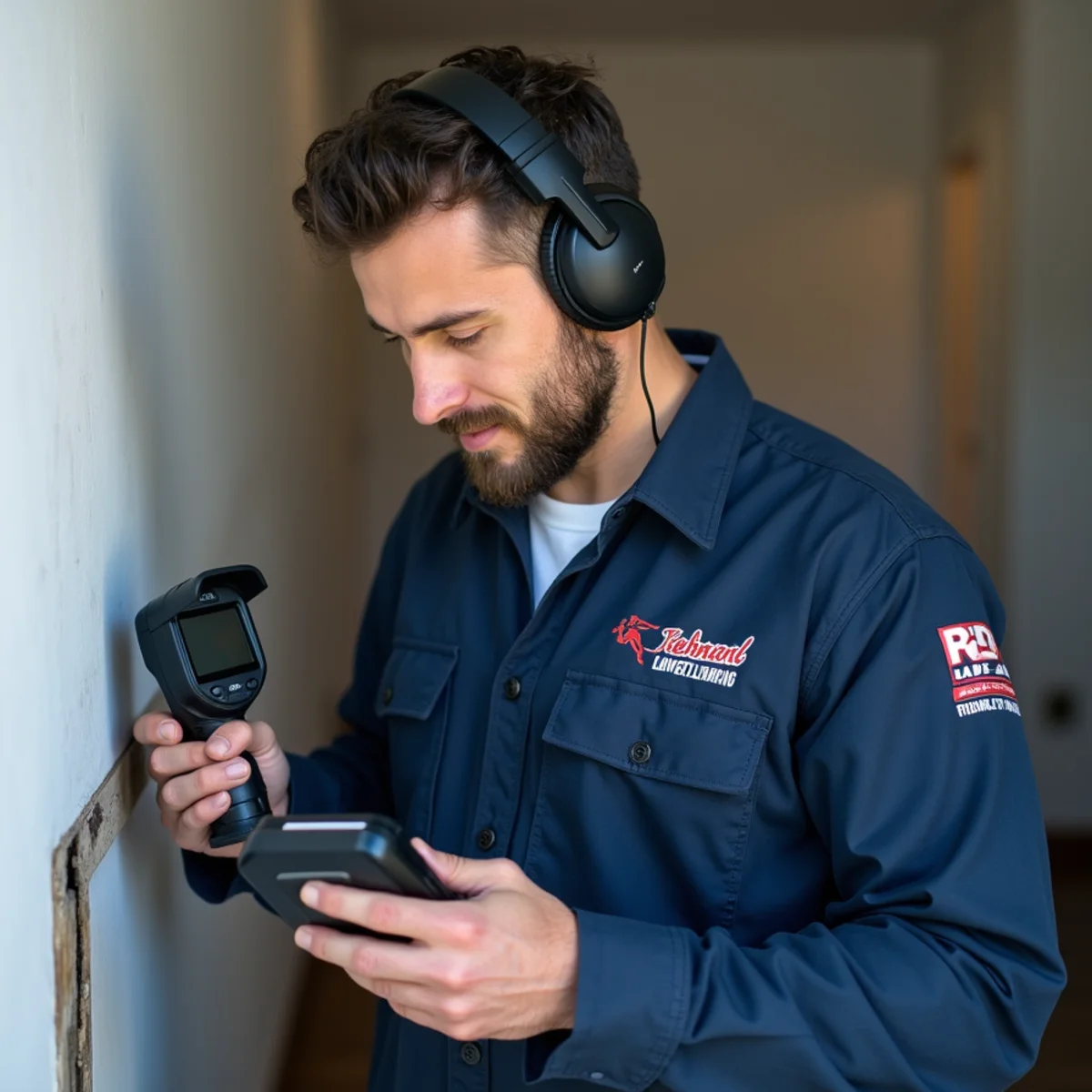 Plumber using electronic leak-detection equipment to find a hidden pipe leak in a Bloomfield Hills wall