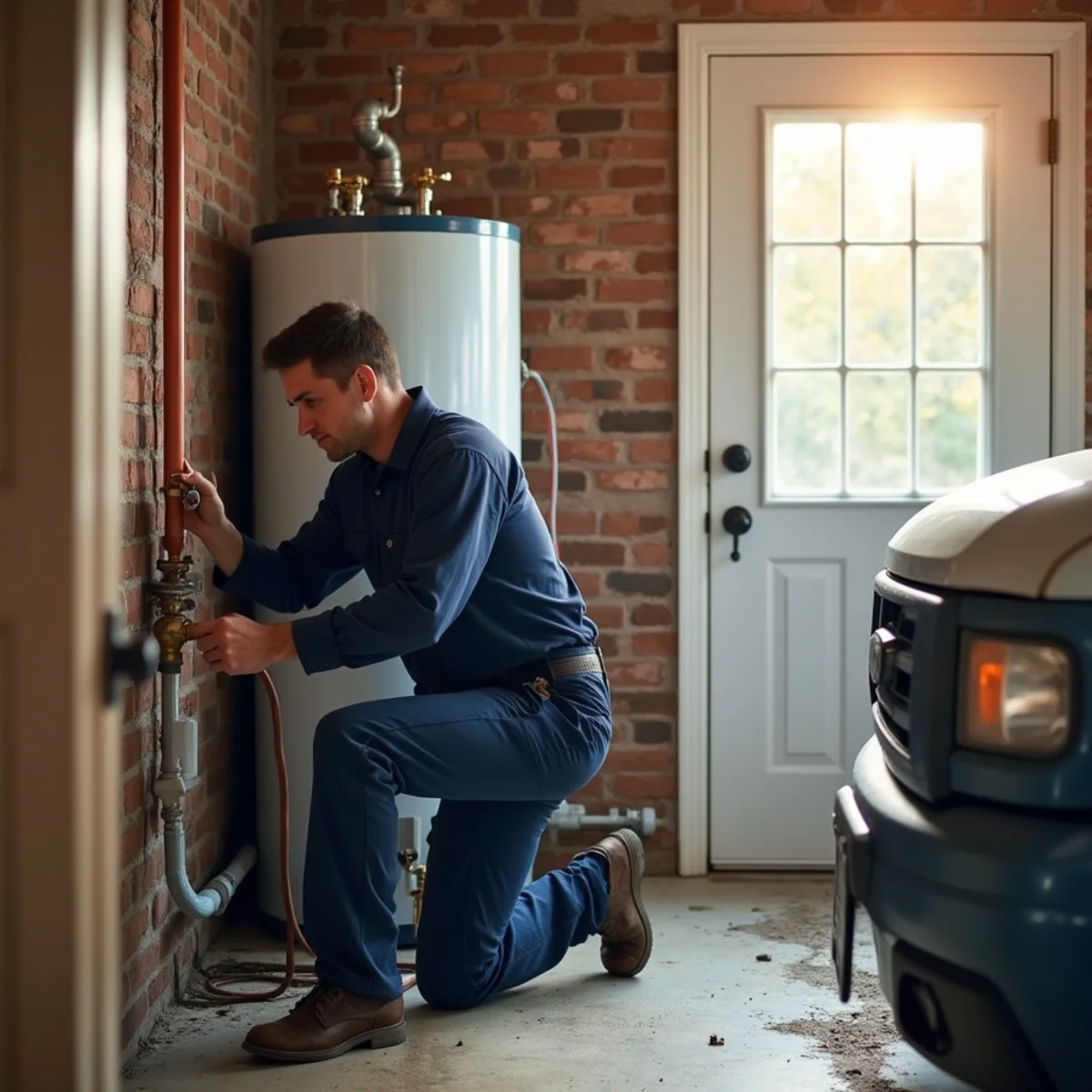 Plumber replacing a hard-water-damaged water heater in a 1950s Livonia, MI ranch