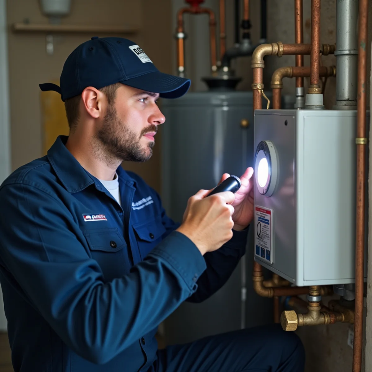 Plumber diagnosing a gas water heater that stopped producing hot water in a Bloomfield Hills home