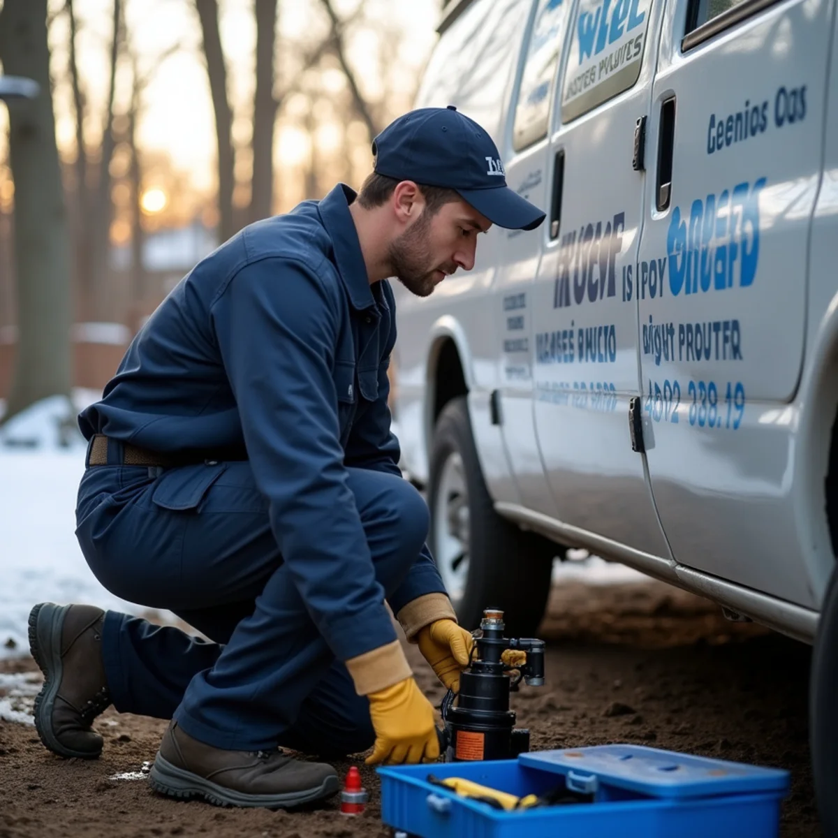 Plumber installing a sump pump in a walkout basement of a new-construction Novi, MI home