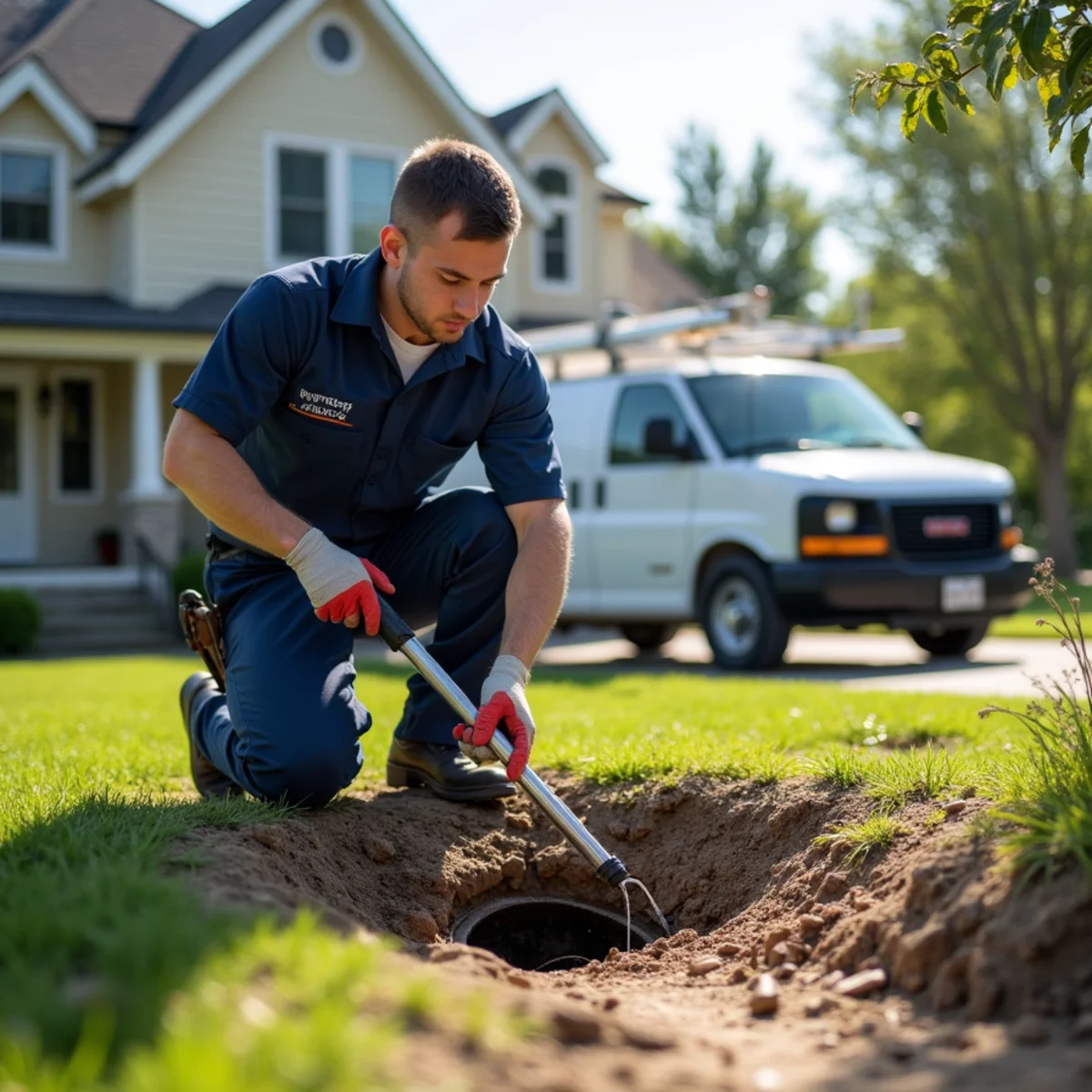 Plumber servicing an old sewer at a downtown Victorian in Plymouth, MI