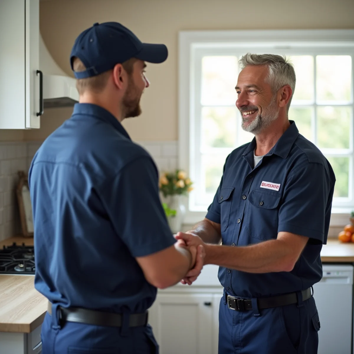 Happy Bloomfield Hills homeowner thanking a plumber after a completed repair