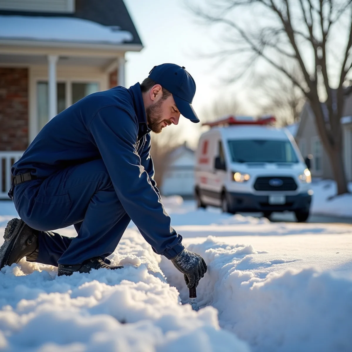 Plumber servicing a subdivision home on a clay hillside in Rochester Hills, MI