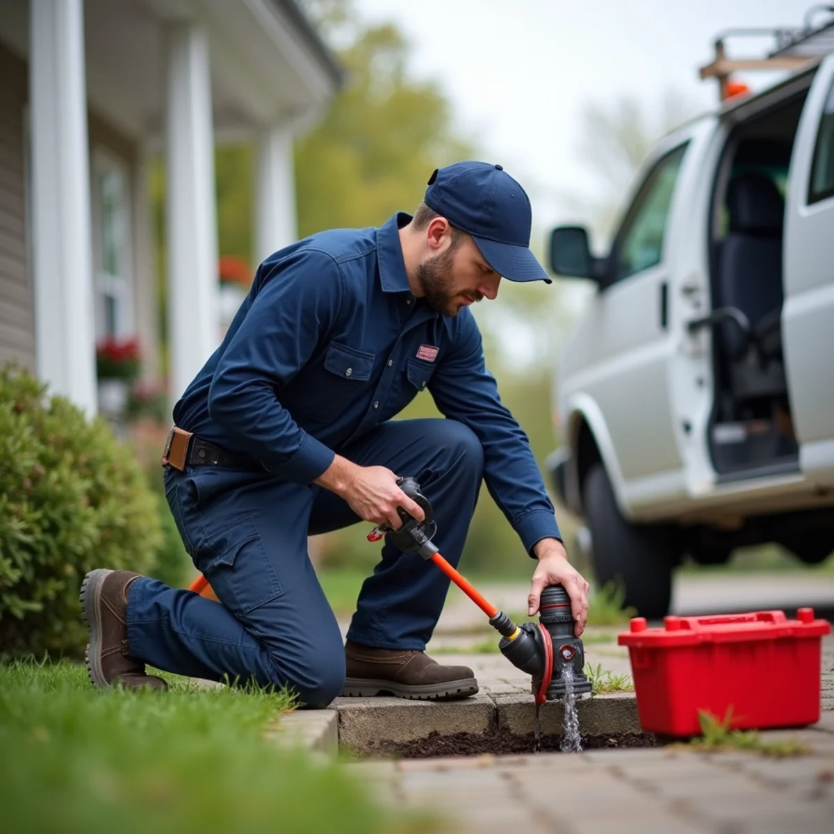 Plumber clearing a clay sewer lateral at a post-war home in Roseville, MI