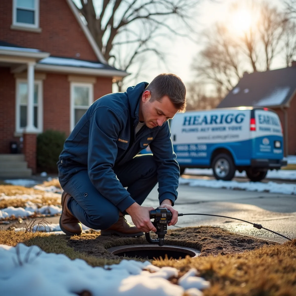 Plumber clearing a root-choked clay sewer lateral at a pre-1950 Royal Oak, MI bungalow