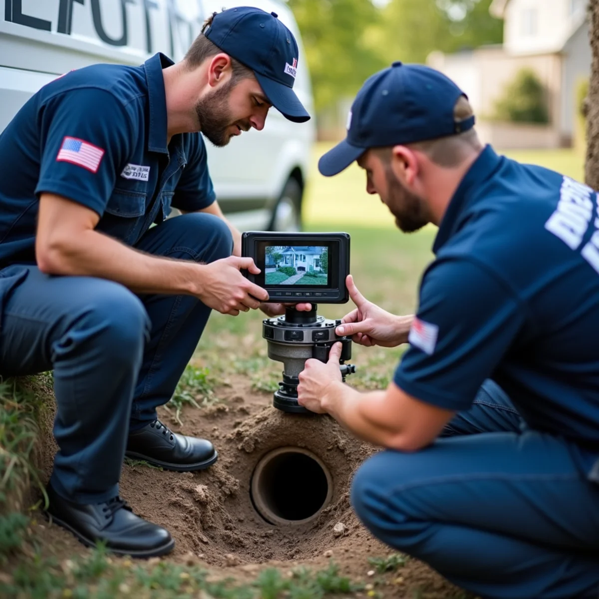 Plumber feeding a sewer inspection camera into a cleanout at a Bloomfield Hills home