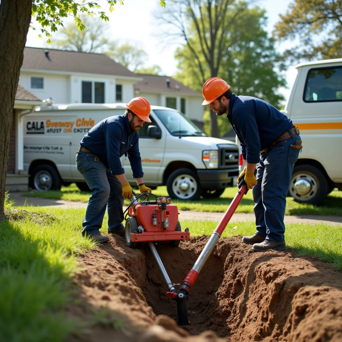 Trenchless sewer line replacement equipment set up at a Bloomfield Hills property