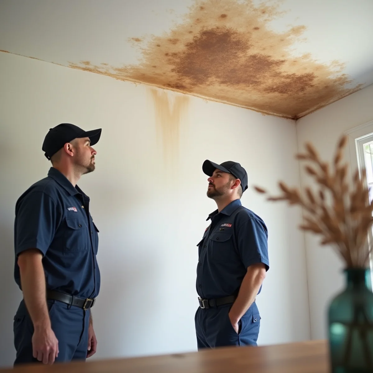 Water stains and bubbling paint on a ceiling from a concealed leak