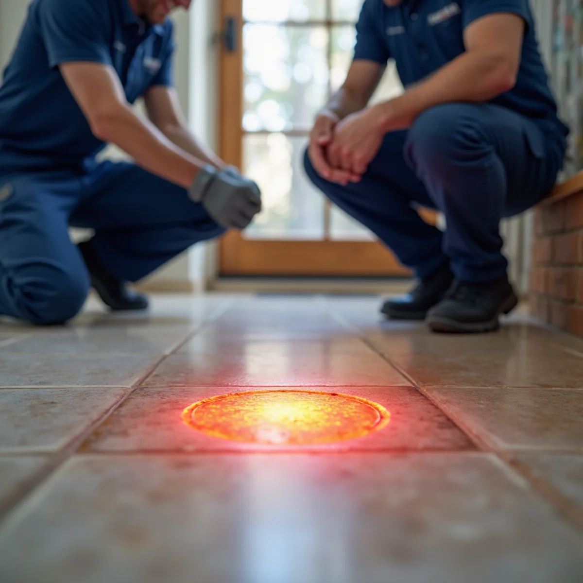 A warm spot on a tile floor indicating a hot-water slab leak