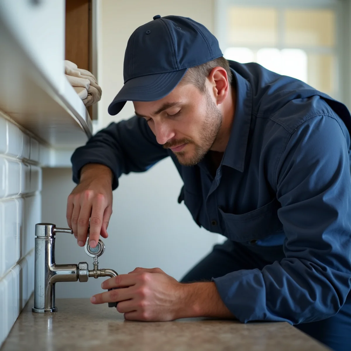 A plumber listening for a faint hissing leak behind a wall with low water pressure