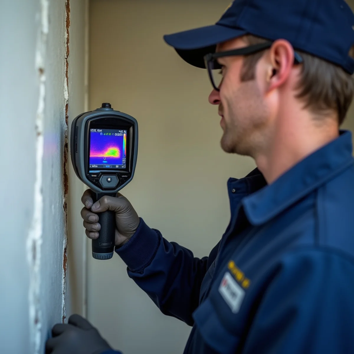 Plumber using thermal imaging to locate a hidden water leak behind a wall in a Bloomfield Hills home