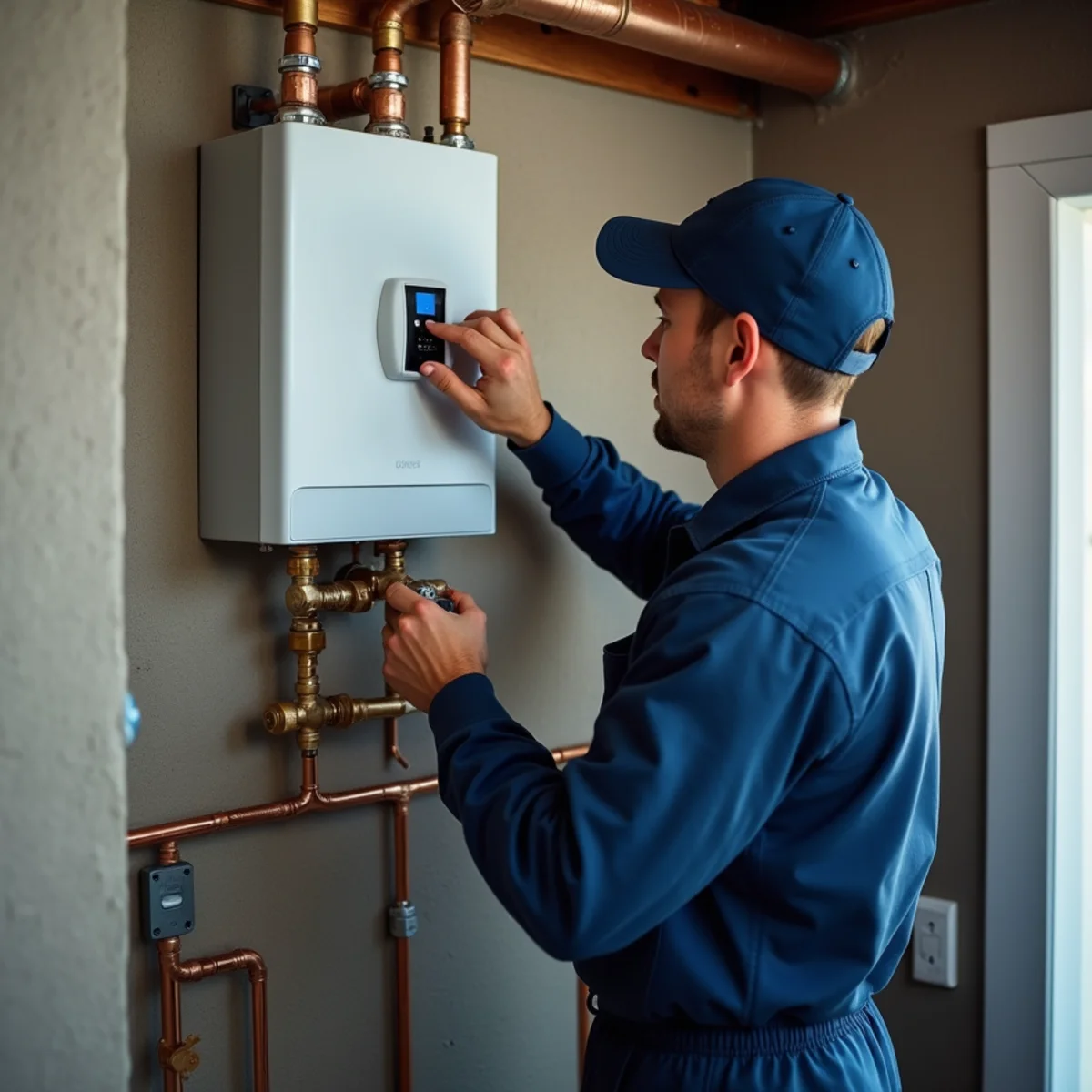 Wall-mounted tankless water heater installed by a Bloomfield Hills plumber