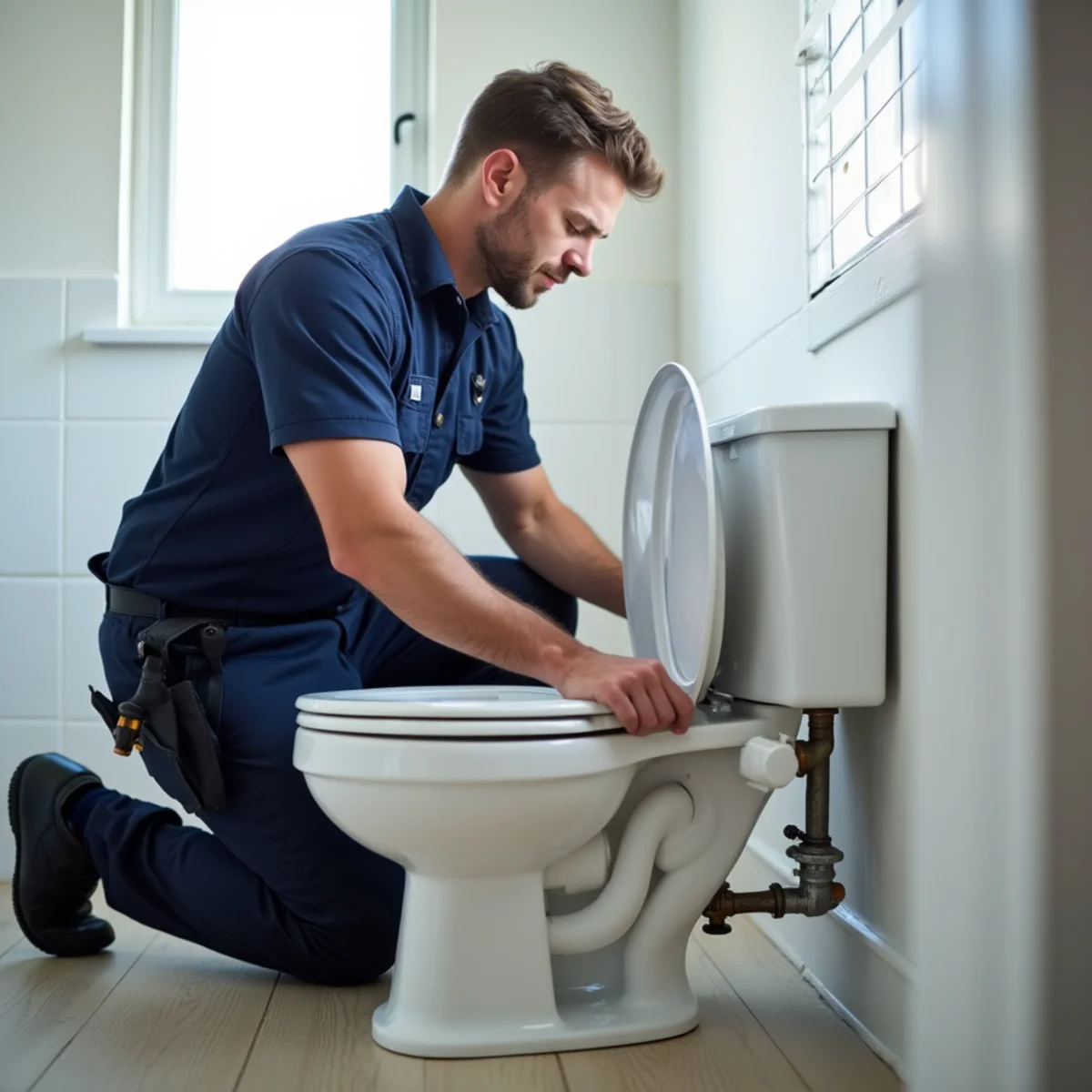 Plumber installing a new comfort-height toilet in a Bloomfield Hills bathroom