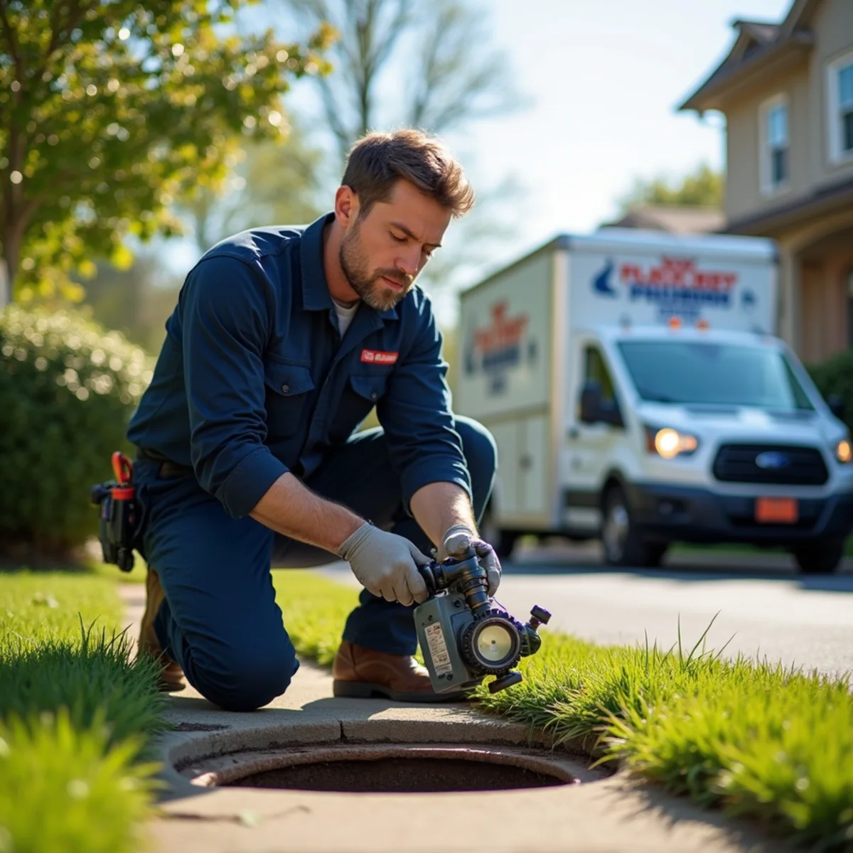 Plumber running a sewer camera at a Troy, MI subdivision home on clay soil