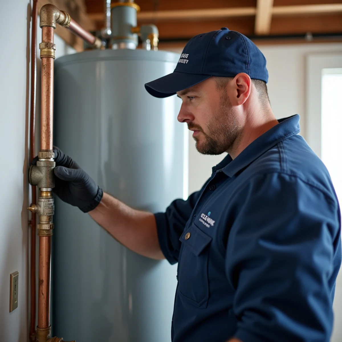 Licensed plumber installing a new gas water heater in a Bloomfield Hills utility room