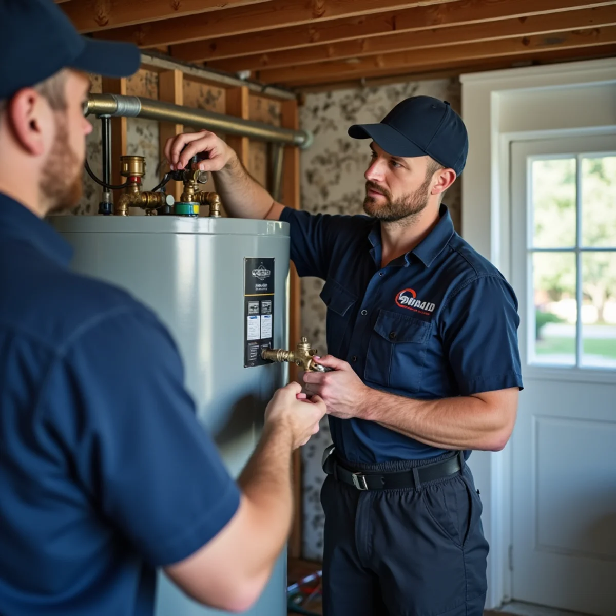 Plumber performing annual water heater maintenance and flushing sediment in an Oakland County home