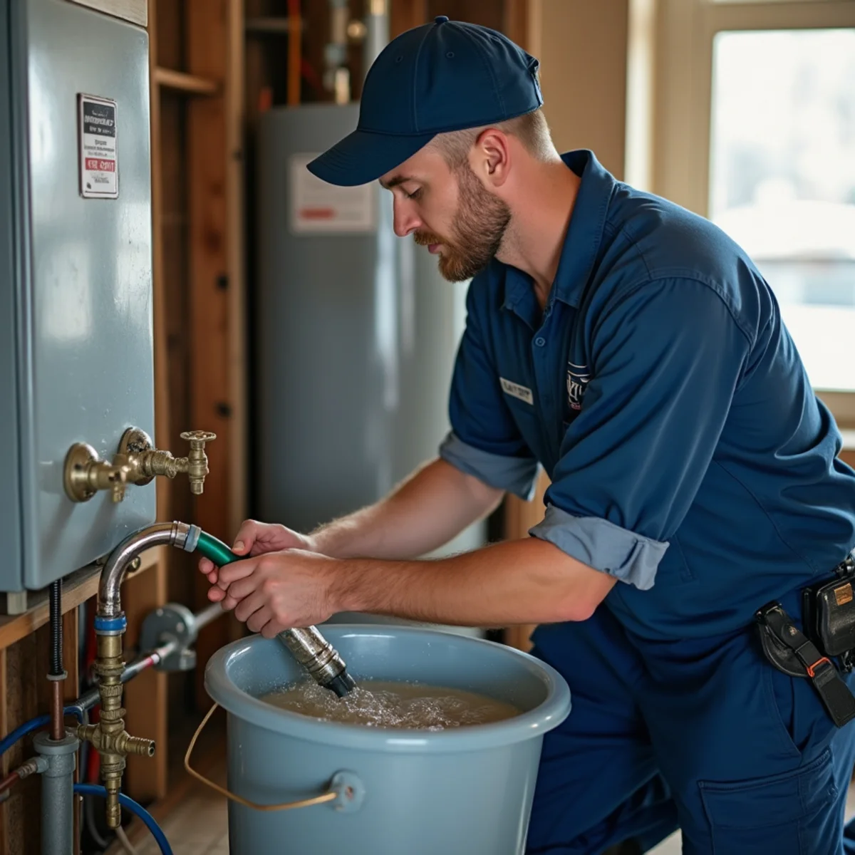 Plumber flushing hard-water sediment from a water heater tank in Bloomfield Hills, MI