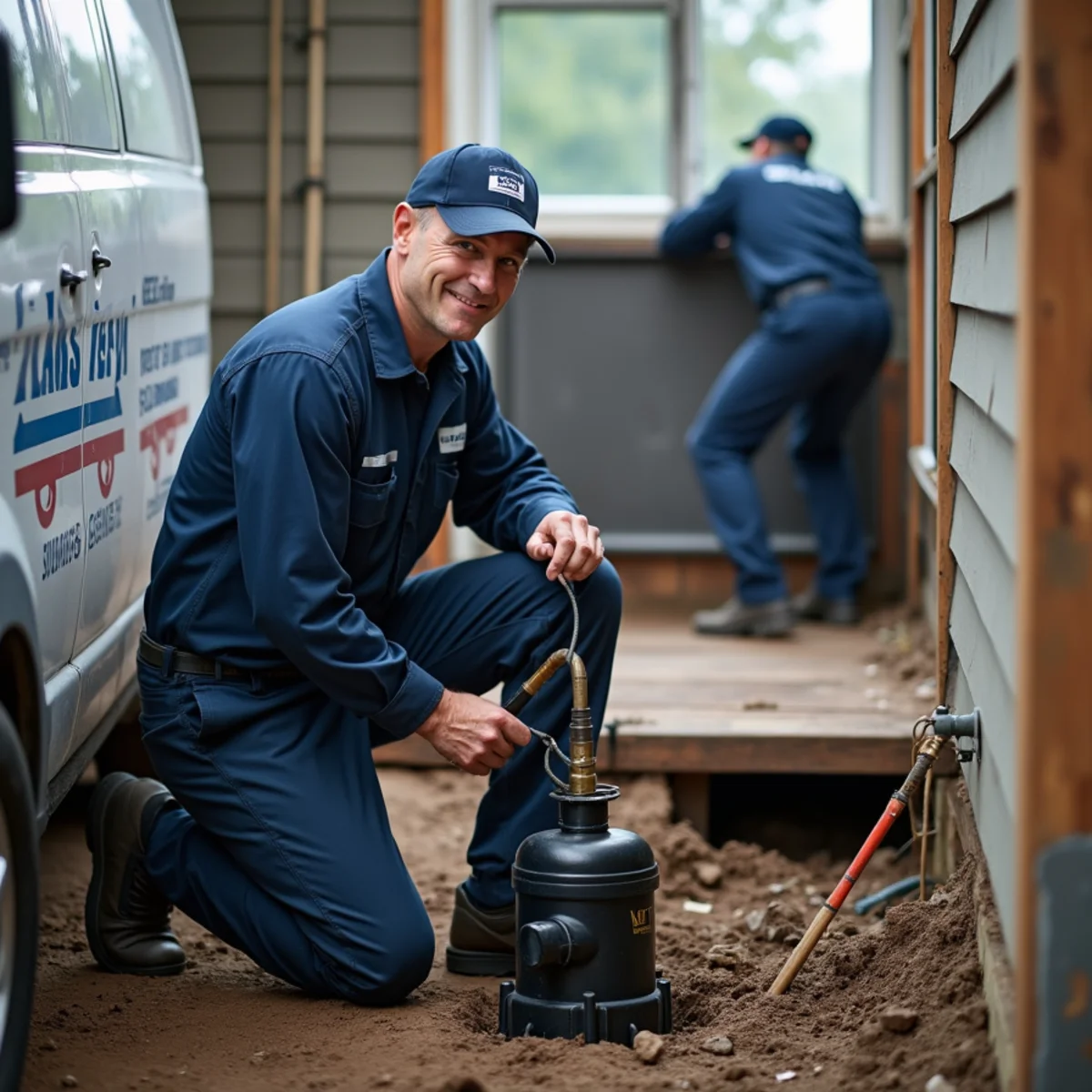 Plumber installing a sump pump in a lakefront West Bloomfield, MI basement