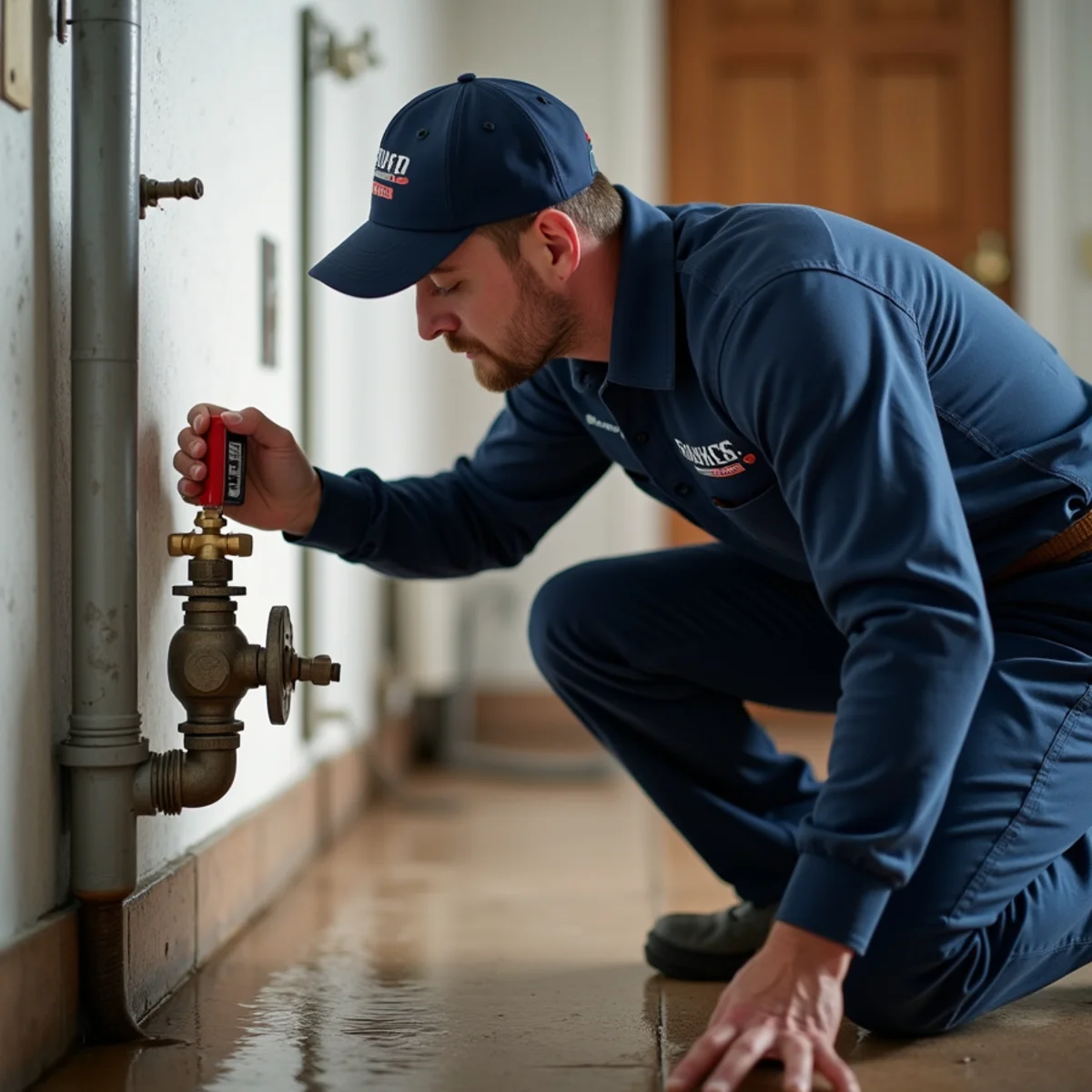 Homeowner shutting off the main water valve after a burst pipe in a Bloomfield Hills basement