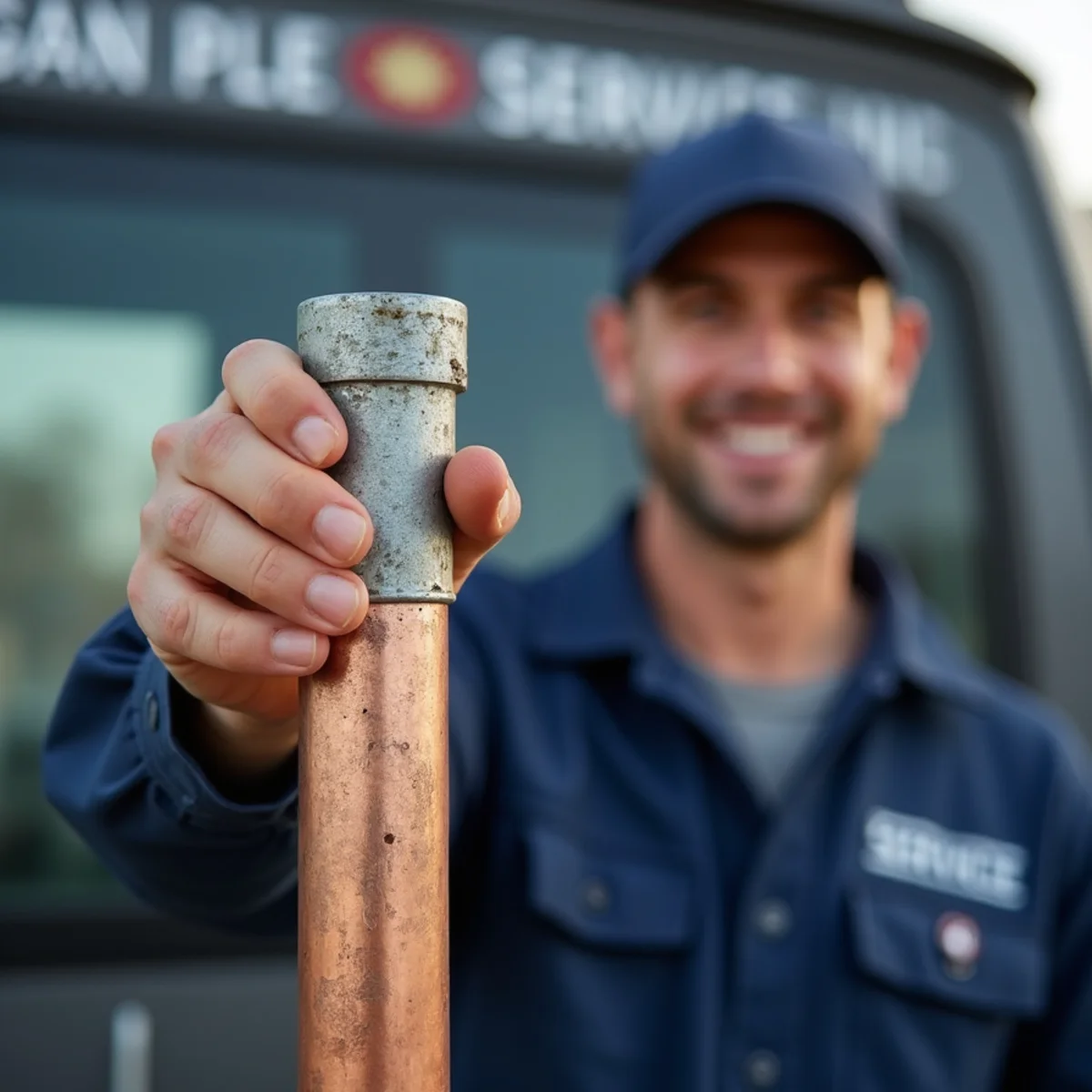 Plumber comparing old galvanized pipe with new copper during a home repipe in Oakland County
